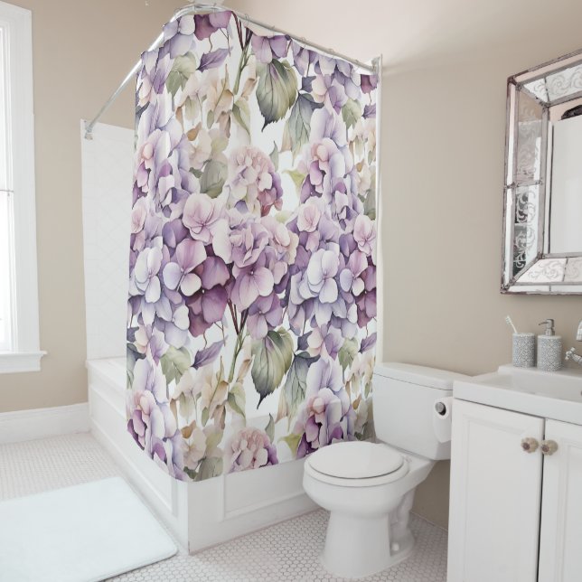 Rideaux De Douche Hydrangeas aquarelle rose violet élégant  (En situation)