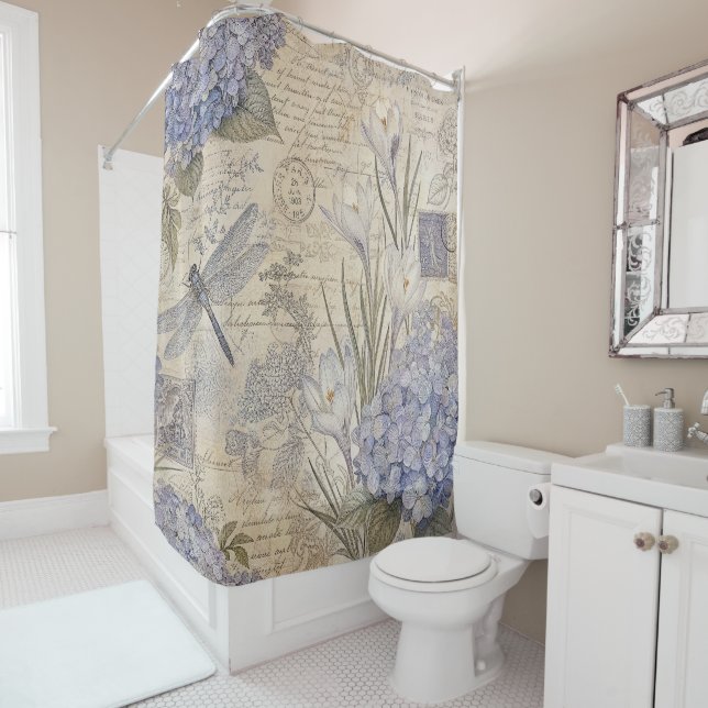 Rideaux De Douche Hydrangeas et Libellule Shabby Chic (En situation)