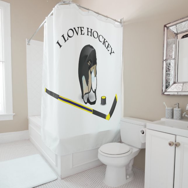 Rideaux De Douche I Love hockey conception personnalisée avec bâton  (En situation)