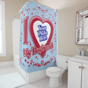 Rideaux De Douche I Love My Boyfriend Photo Red Hearts Light Blue