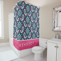 Ikat paisley monogramme rose et marine