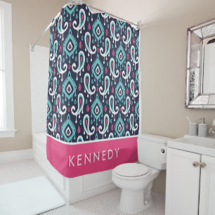 Rideaux De Douche Ikat paisley monogramme rose et marine