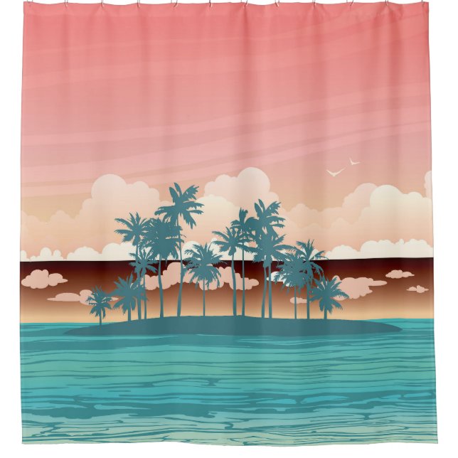 Rideaux De Douche Île de coco verte : illustration du coucher du sol (Devant)