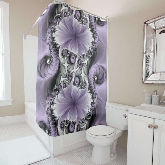 Rideaux De Douche Illusion Lilac Abstrait Floral Fractal Art Imagina (En situation)