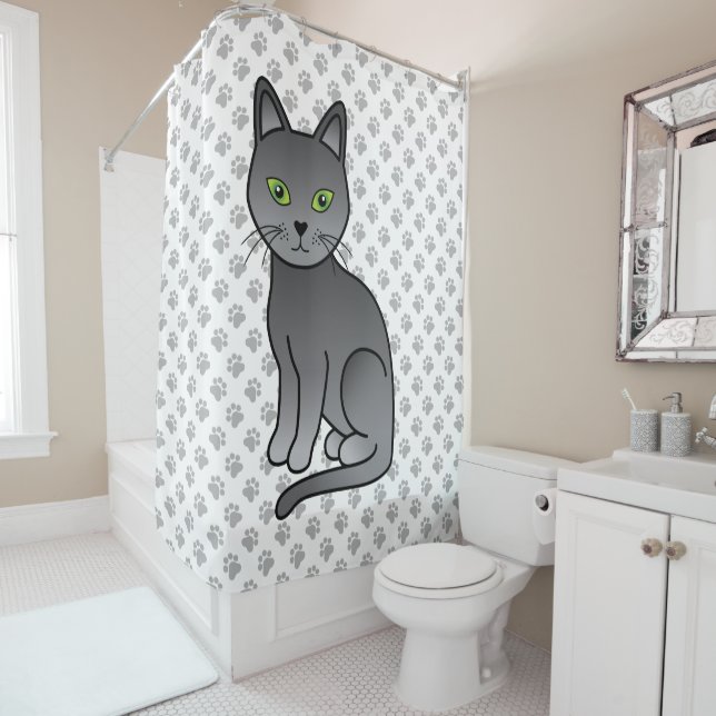 Rideaux De Douche Illustration de chat de dessin animé mignon Bleu R (En situation)