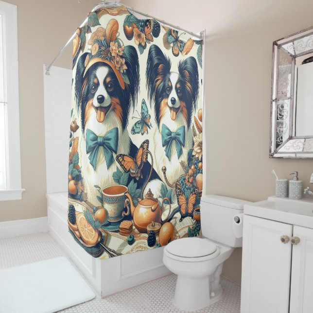 Rideaux De Douche Illustration de chien de papillon mignonne (En situation)