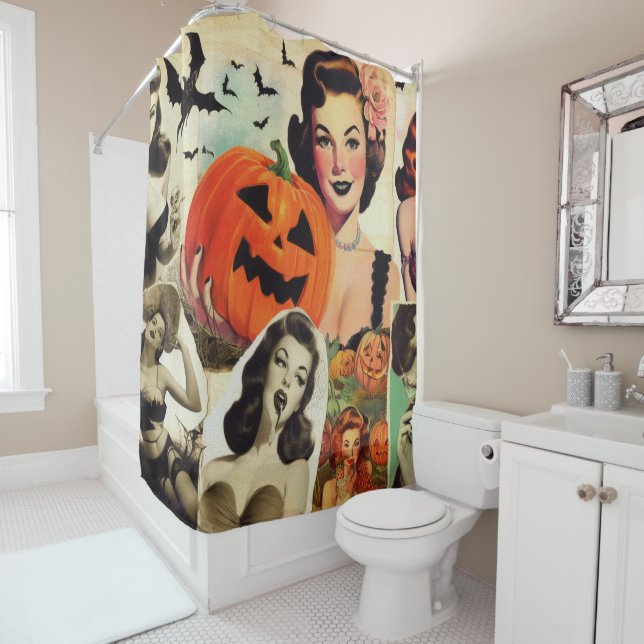 Rideaux De Douche Illustration de collage Halloween vintage (En situation)