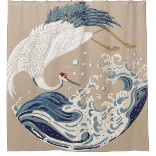 Rideaux De Douche Illustration de grue et vague japonaise. Tradition