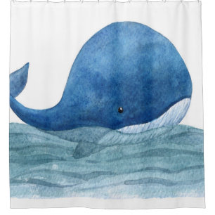 Rideaux De Douche Illustration de l'aquarelle de la baleine bleue mi
