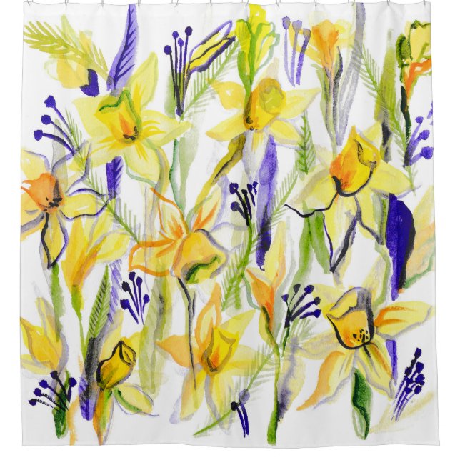 Rideaux De Douche Illustration de l'aquarelle des jonquilles jaunes (Devant)