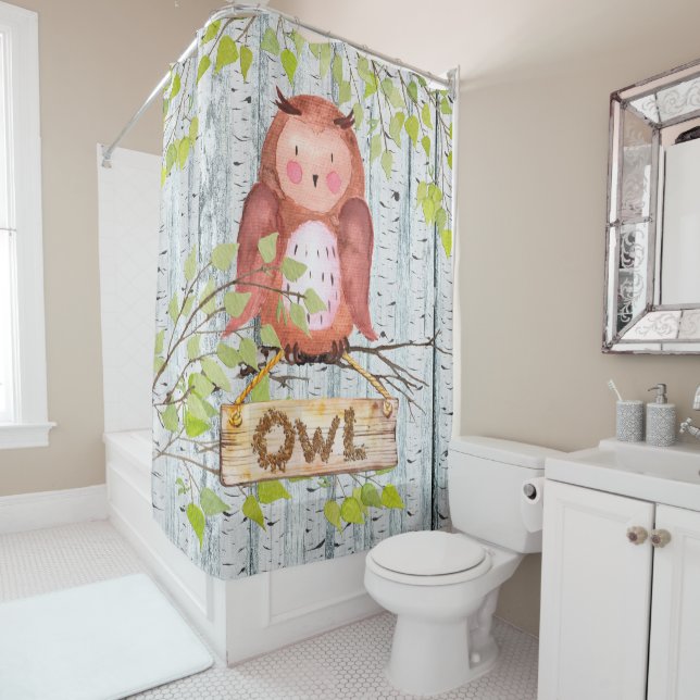 Rideaux De Douche Illustration de l'aquarelle Owd Bird Woodland Frie (En situation)