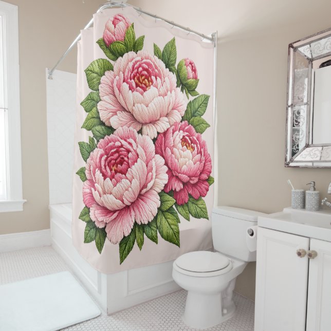 Rideaux De Douche Illustration de pivoines brodées en 3D (En situation)