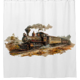 Rideaux De Douche Illustration du paysage des trains à vapeur vintag