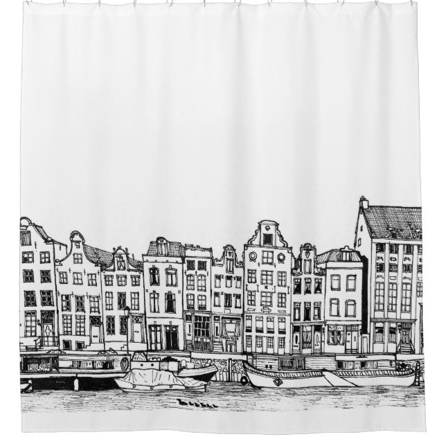 Rideaux De Douche Illustration du paysage urbain du canal d'Amsterda (Devant)