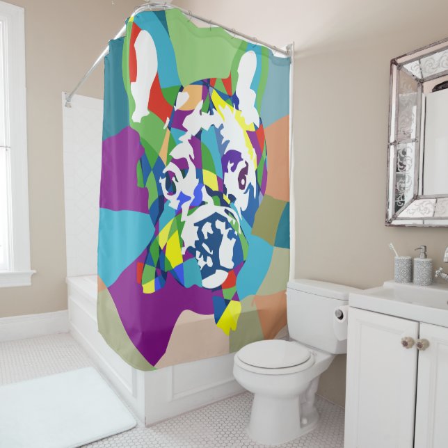 Rideaux De Douche Illustration Graphique de Bouledogue Français Bleu (En situation)