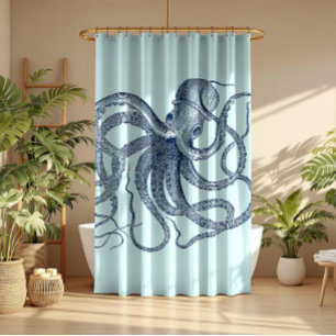 Rideaux De Douche Illustration nautique de poulpe bleu sur vert clai