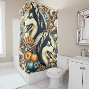 Rideaux De Douche Illustration Retro Siberian Husky