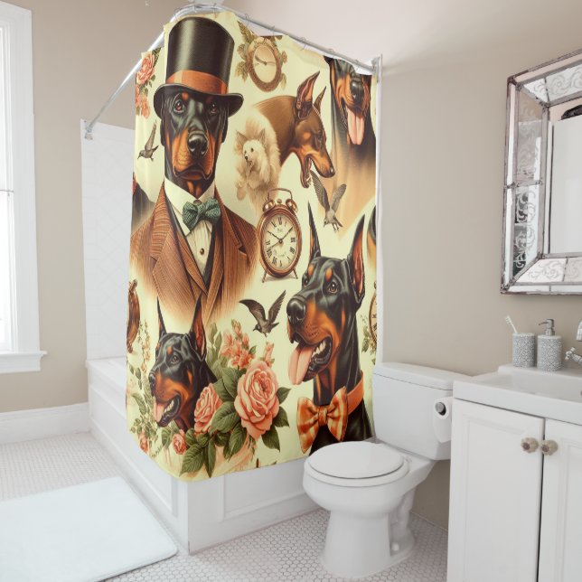 Rideaux De Douche Illustration vintage Doberman sans fil (En situation)