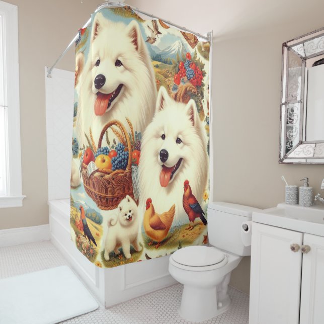 Rideaux De Douche Illustration vintage Samoyed Dog (En situation)