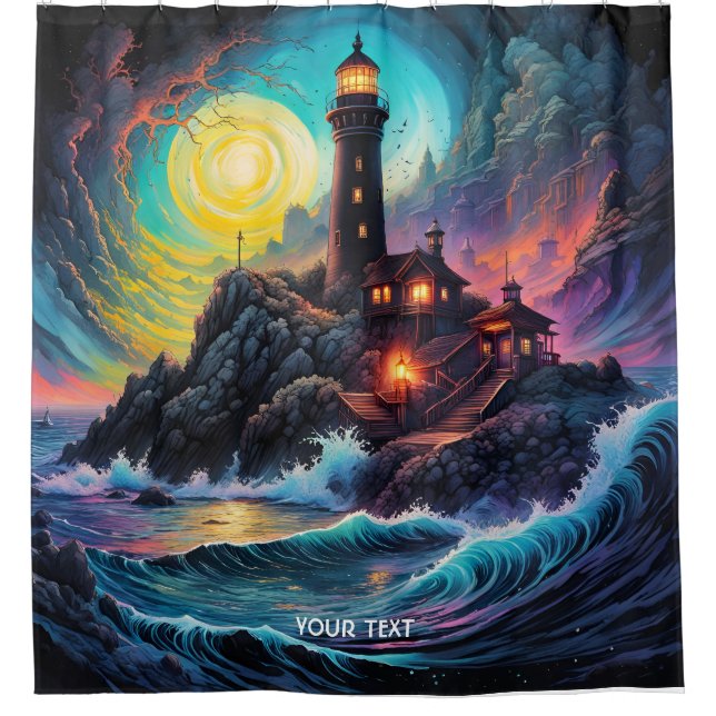 Rideaux De Douche Imaginaire Cute Vivid Lighthouse nuit de mer (Devant)