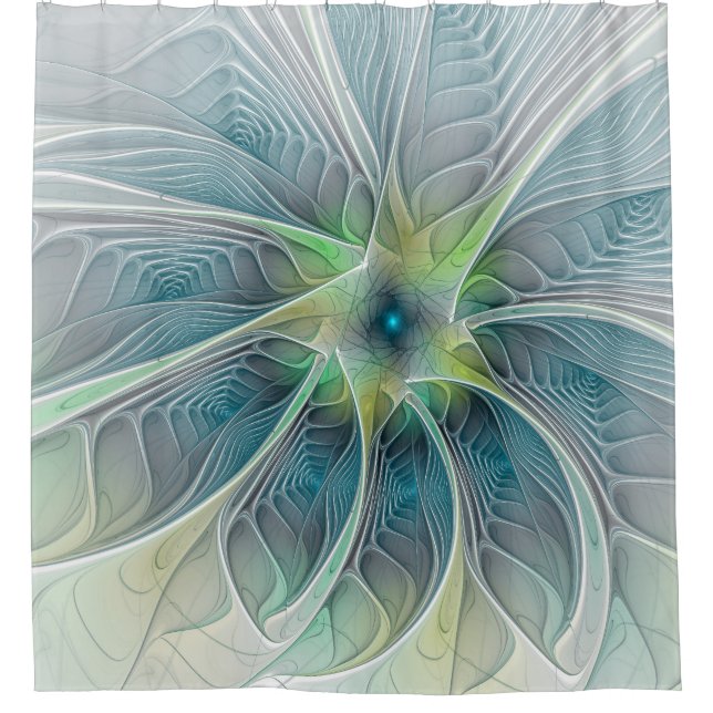 Rideaux De Douche Imaginaire fleuri Moderne Bleu Vert Fractal Fleur (Devant)