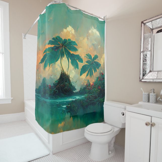 Rideaux De Douche Imaginaire tropical Mer & Palmiers (En situation)