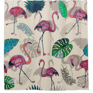 Rideaux De Douche Imaginaire tropical : Motif feuille Flamant rose
