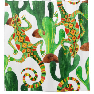 Rideaux De Douche Impression Cactus Lizard Aquarelle