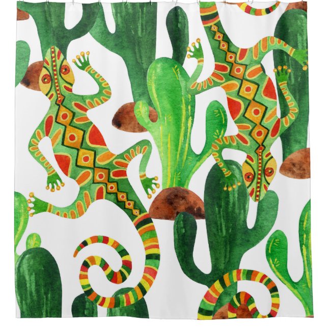 Rideaux De Douche Impression Cactus Lizard Aquarelle (Devant)