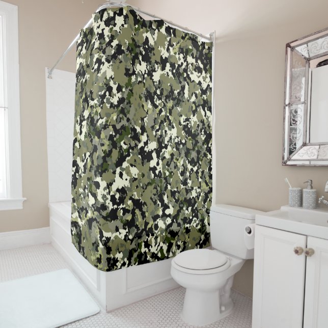 Rideaux De Douche Impression de motif de camouflage vert noir crème (En situation)