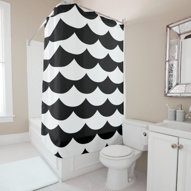 Rideaux De Douche Impression d'échelle de poisson noir et blanc (En situation)