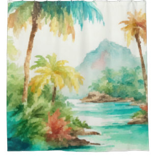 Rideaux De Douche Impressionniste aquarelle Scène de l'île tropicale