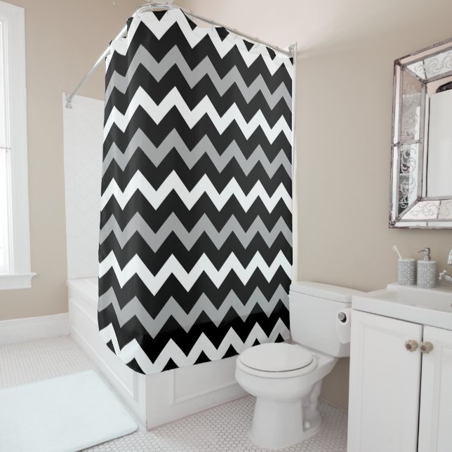 Rideaux De Douche Imprimé chevron noir blanc et gris (En situation)
