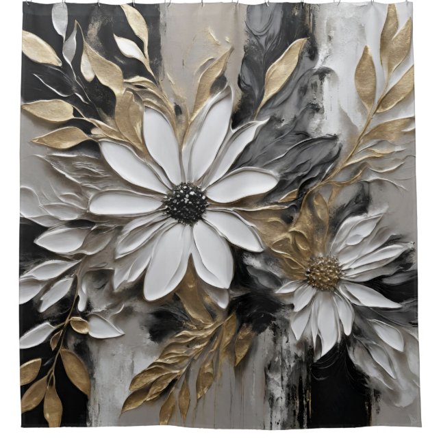 Rideaux De Douche Imprimé floral noir blanc or gris (Devant)