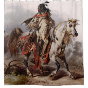 Rideaux De Douche Indien Blackfoot sur le cheval Arabe étant chass