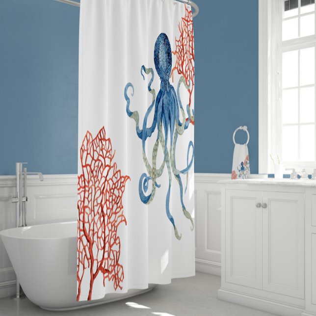 Rideaux De Douche Indigo Ocean Rouge Ventilateur Corail Bleu Octopus (Créateur téléchargé)