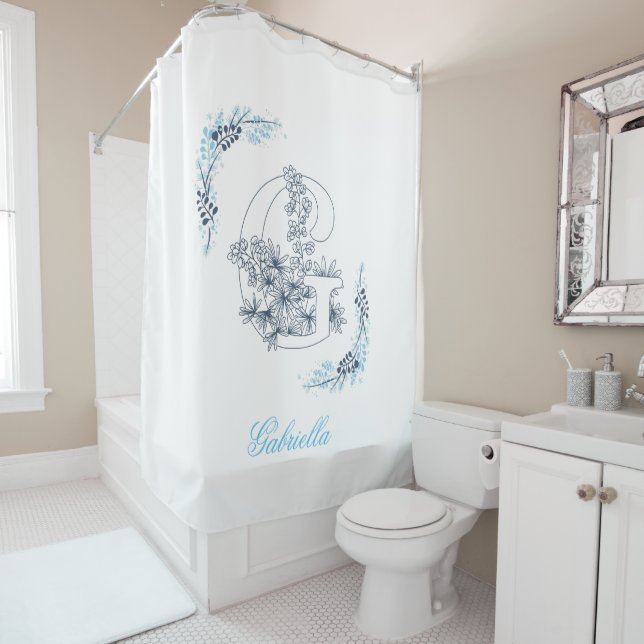 Rideaux De Douche Initiale "G" Monogramme bleu Calme Floral (En situation)