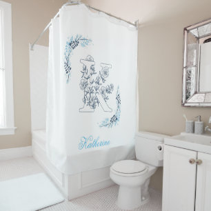 Rideaux De Douche Initiale "K" Blue Monogram Calme Floral