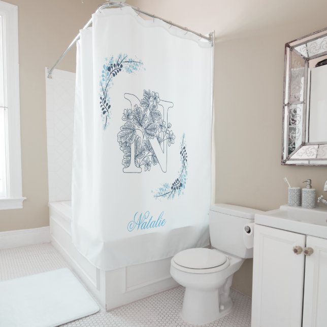 Rideaux De Douche Initiale "N" Monogramme bleu Calme Floral (En situation)