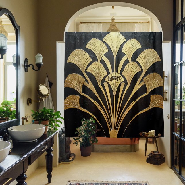 Rideaux De Douche Initiales Art Déco égyptien en or noir (Elegant, black, gold, and aesthetically opulent personal initial & monogram Art Deco shower curtain)