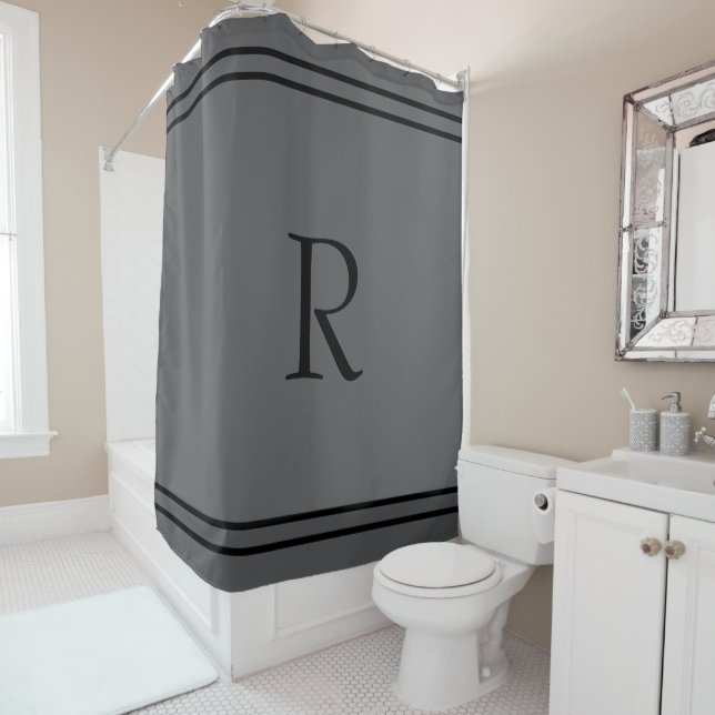 Rideaux De Douche Initiales de monogramme Nom Rayure noire Gris fonc (En situation)