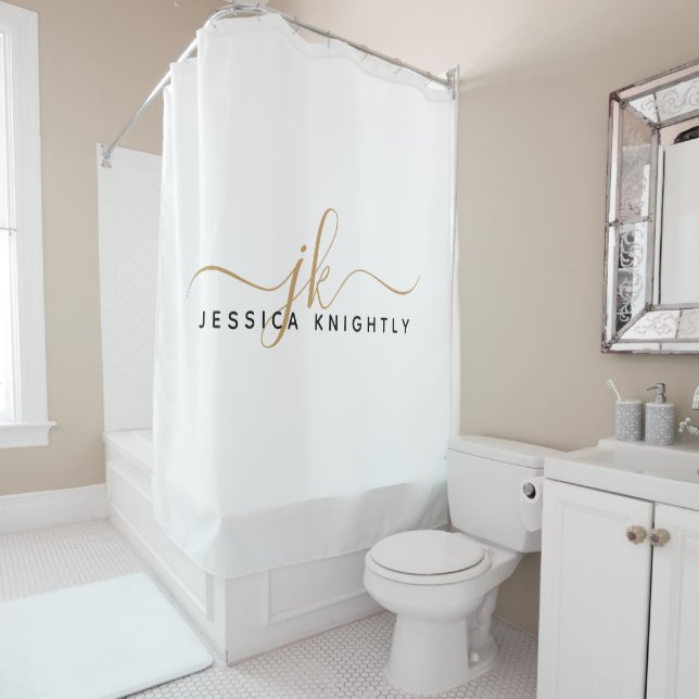 Rideaux De Douche Initiales Monogramme moderne élégante Or blanc (En situation)