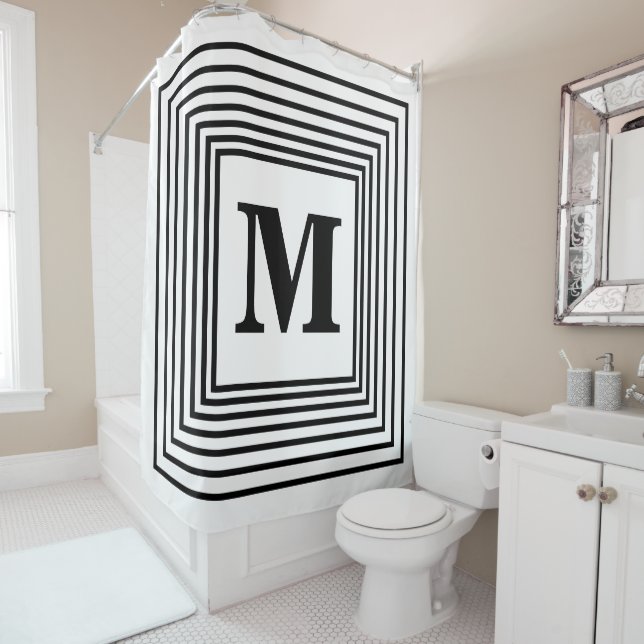 Rideaux De Douche Initiales Monogrammes Noir Blanc Motifs Nom person (En situation)