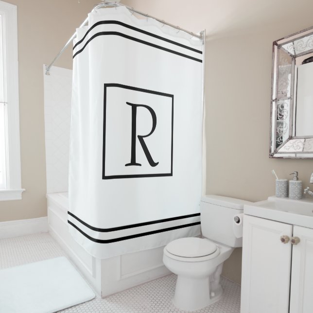 Rideaux De Douche Initiales Monogrammes noir blanc rayé en boîte per (En situation)
