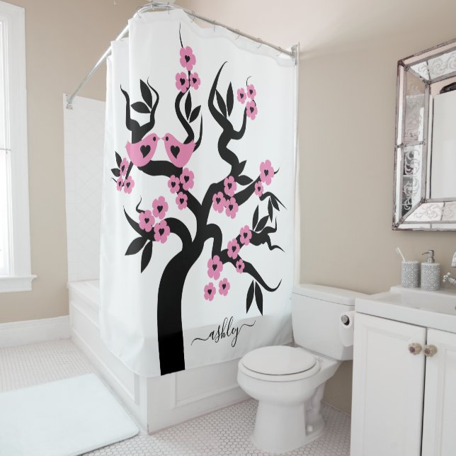 Rideaux De Douche Inséparables noirs roses sakura cerisier, fleurs (En situation)