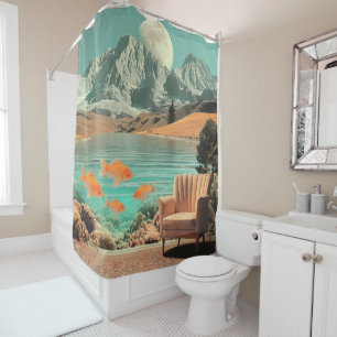 Rideaux De Douche Intérieur surréaliste avec poissons et paysage au