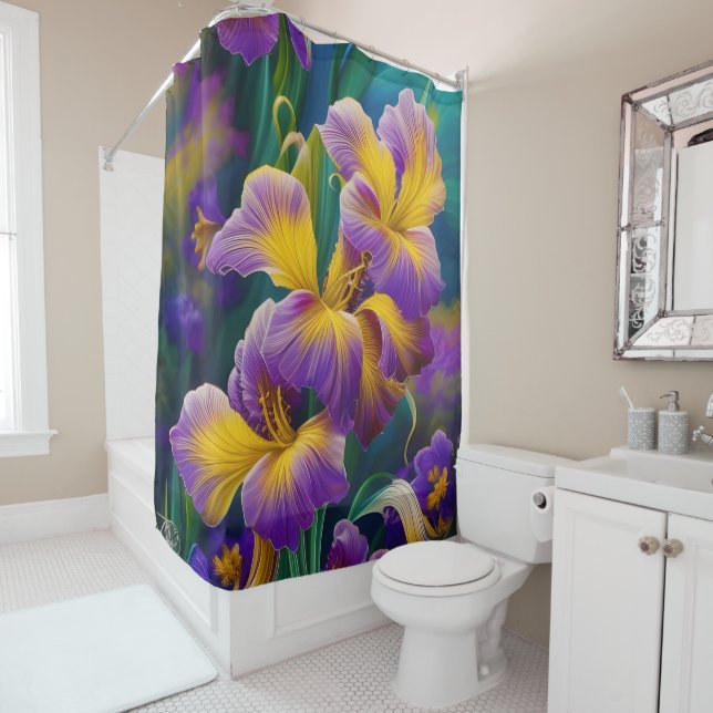 Rideaux De Douche Iris Floral Violet et bleu or feuilles (En situation)