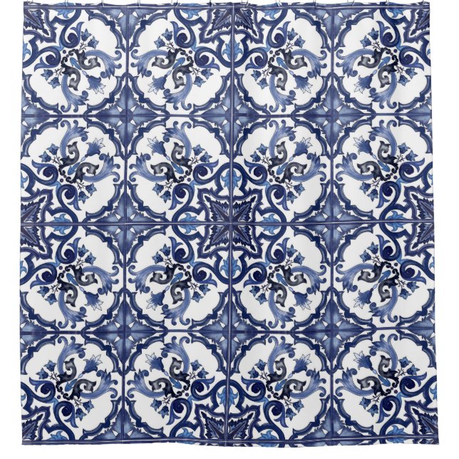 Rideaux De Douche Italian Blue & White Sicilian Majolica Tiles (Devant)