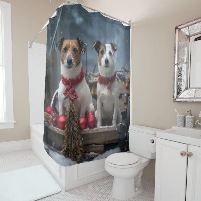 Rideaux De Douche Jack Russell Snowy Sleigh Décor de Noël (En situation)