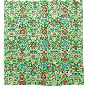 Rideaux De Douche Jacobean Floral Damask, vert et corail rouge